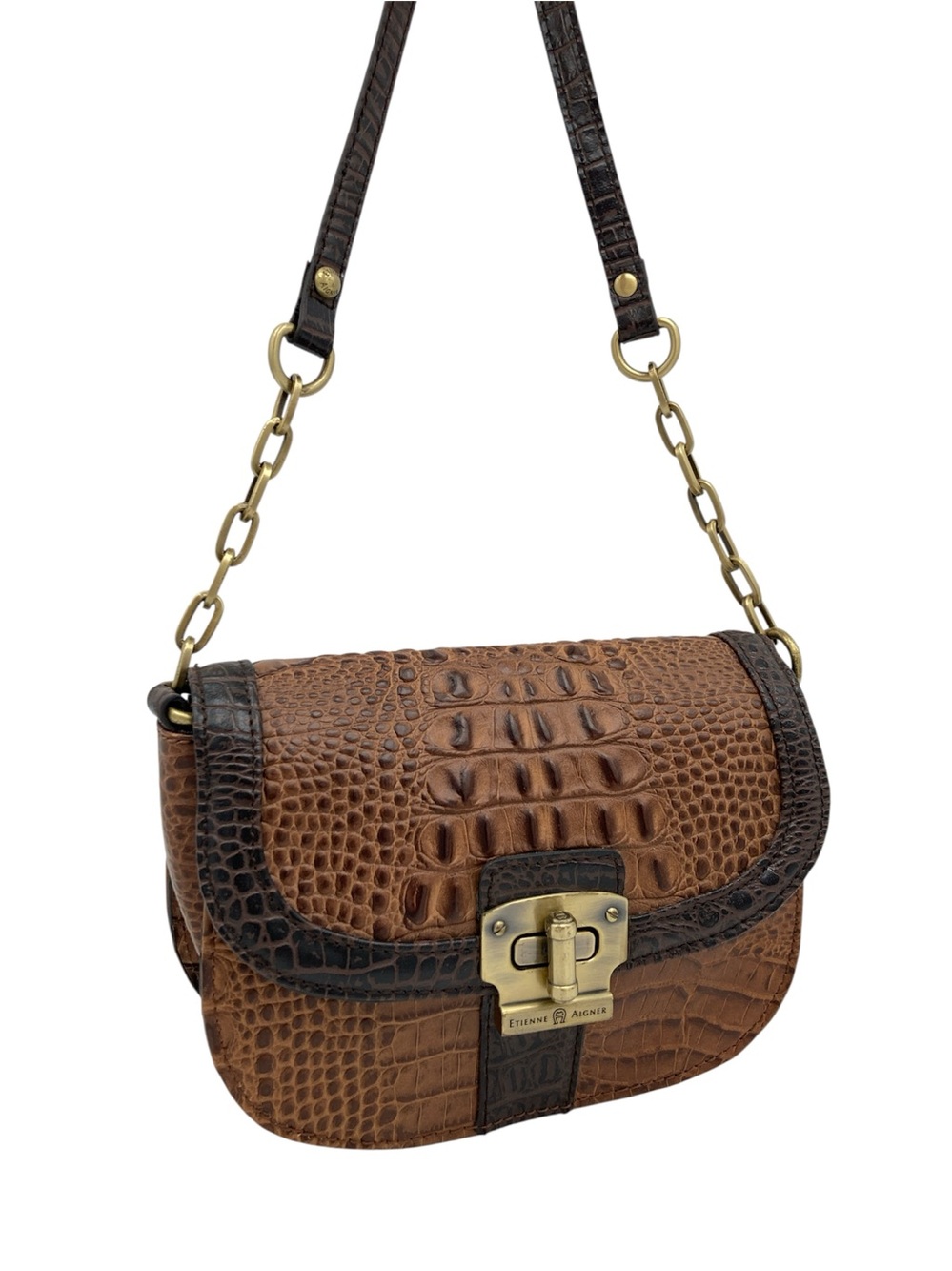 Etienne Aigner Crocodile Textured Genuine Leather Turnlock Crossbody Bag